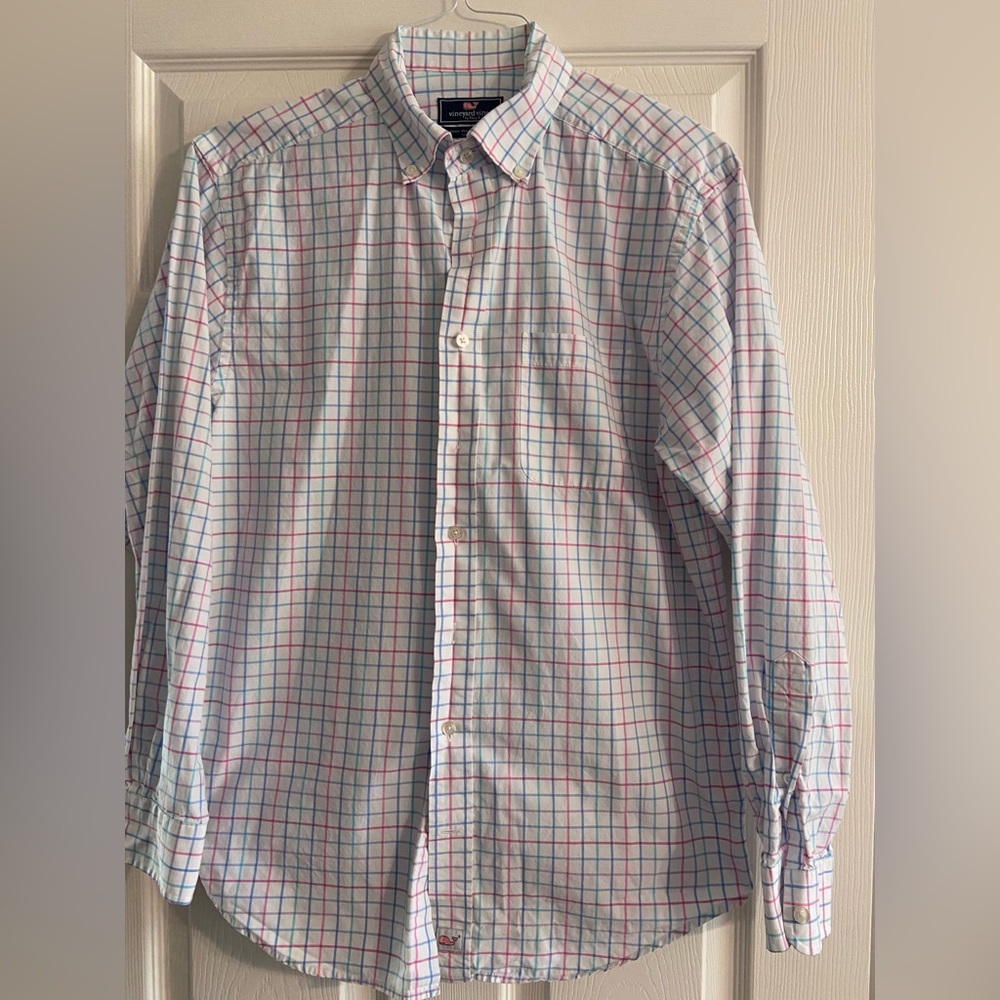 Vineyard Vines Mens Shirt Medium Bright Blue/Pink Plaid Classic Fit Whale Preppy